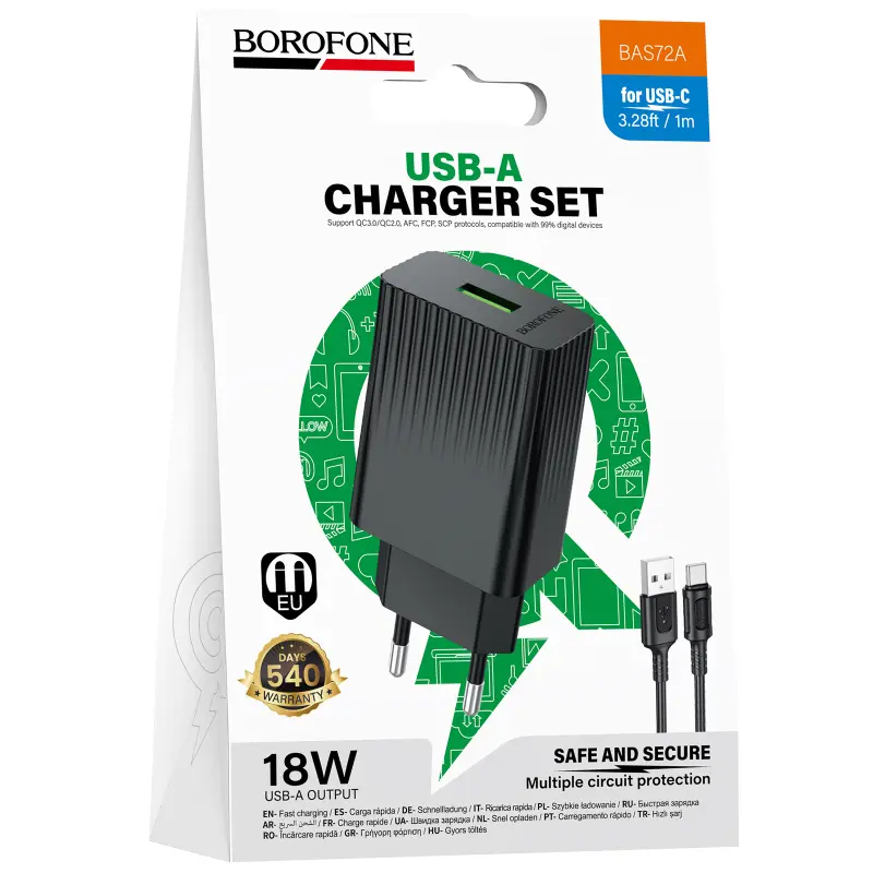 СЗУ Borofone BAS72A Source QC3.0 (1USB-A) + кабель USB to Type-C, Black 2, купить оптом с доставкой