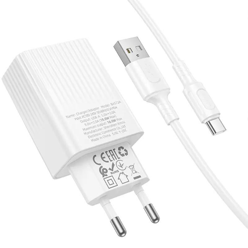 СЗУ Borofone BAS72A Source QC3.0 (1USB-A) + кабель USB to Type-C, White 2, купить оптом с доставкой