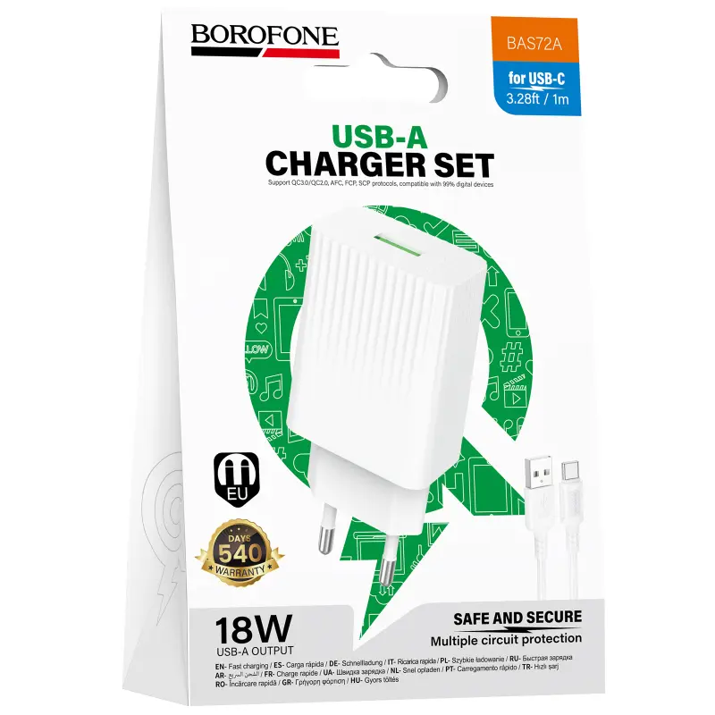 СЗУ Borofone BAS72A Source QC3.0 (1USB-A) + кабель USB to Type-C, White 3, купить оптом с доставкой
