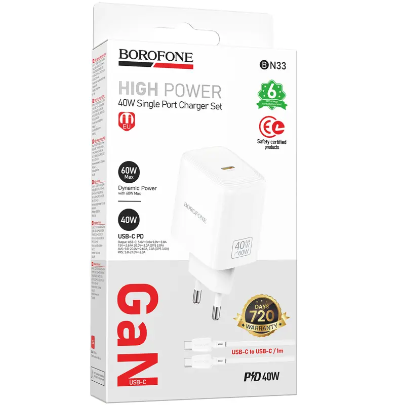 СЗУ Borofone BN33 Fuente PD40W (1USB-C) + кабель Type-C to Type-C, White 1, купить оптом с доставкой