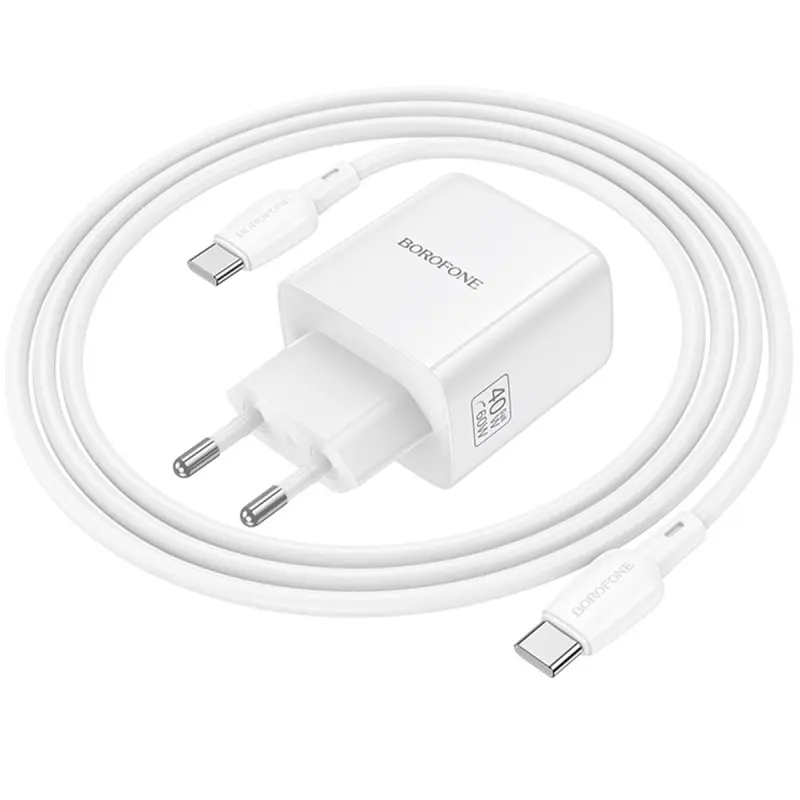 СЗУ Borofone BN33 Fuente PD40W (1USB-C) + кабель Type-C to Type-C, White 2, купить оптом с доставкой