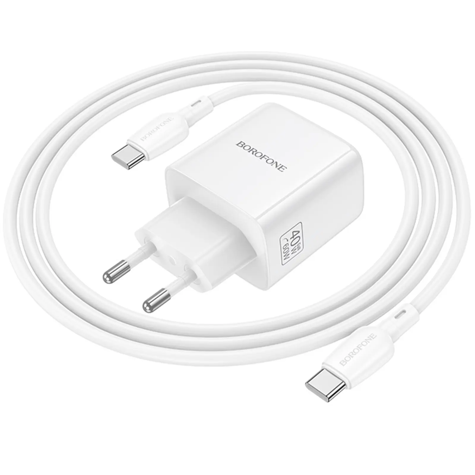 СЗУ Borofone BN33 Fuente PD40W (1USB-C) + кабель Type-C to Type-C, White 2, купить оптом с доставкой