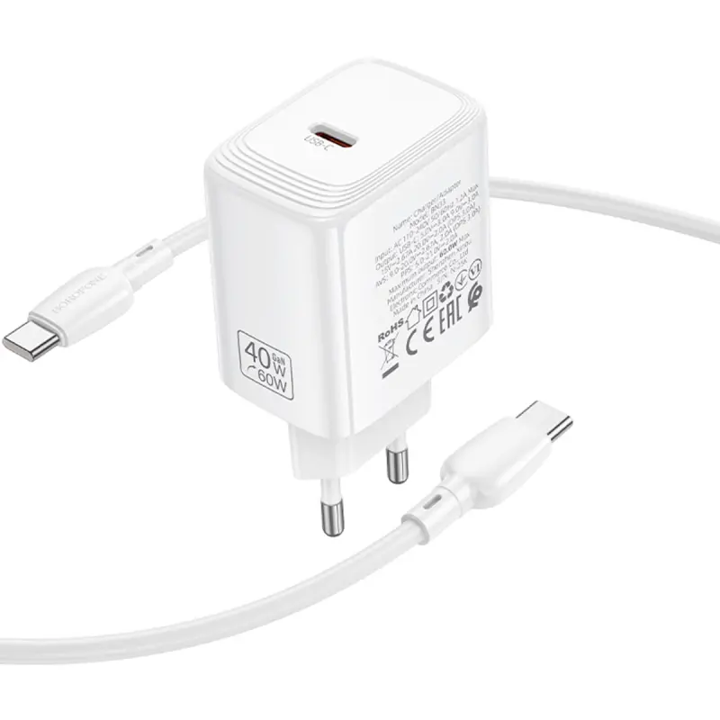 СЗУ Borofone BN33 Fuente PD40W (1USB-C) + кабель Type-C to Type-C, White 3, купить оптом с доставкой