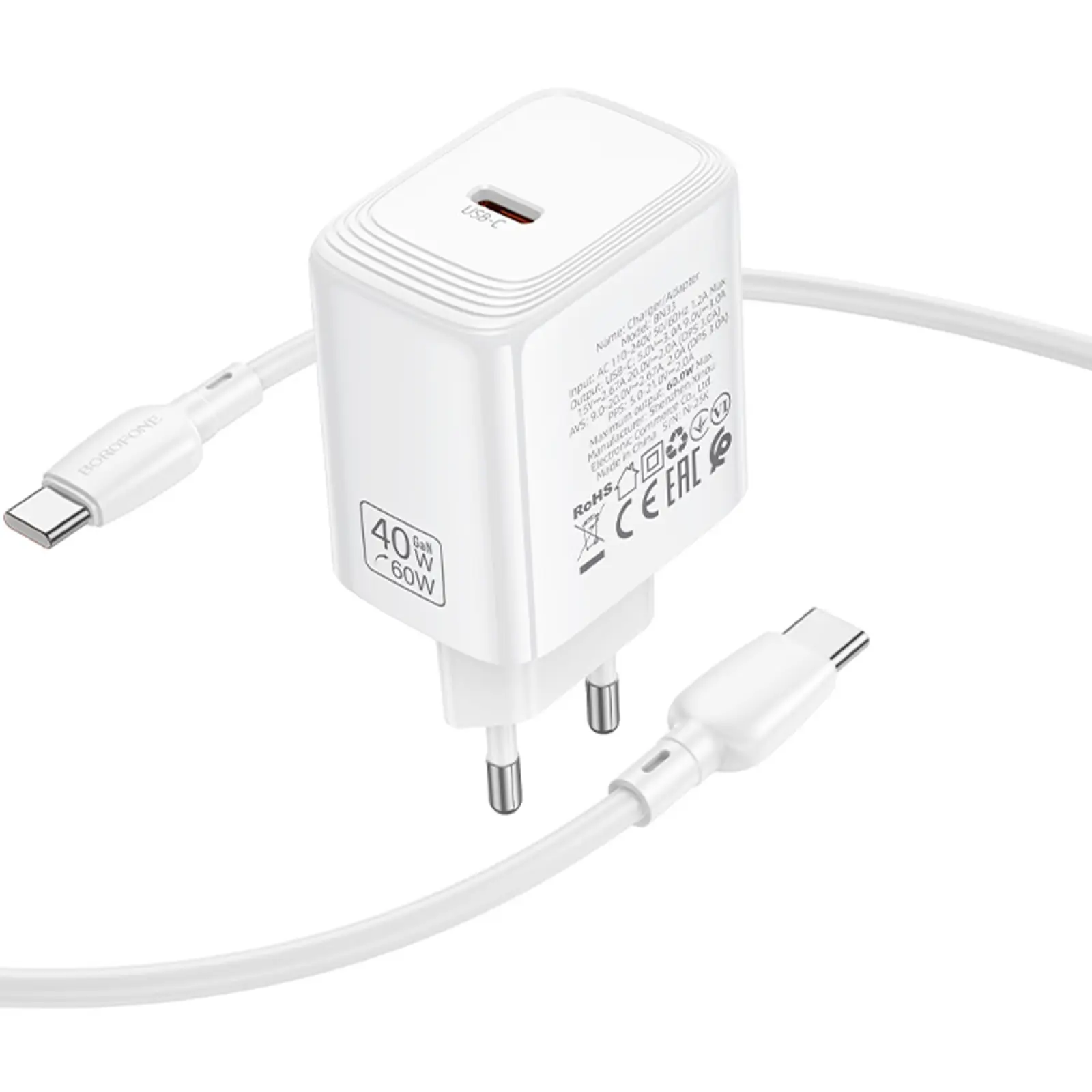 СЗУ Borofone BN33 Fuente PD40W (1USB-C) + кабель Type-C to Type-C, White 3, купить оптом с доставкой