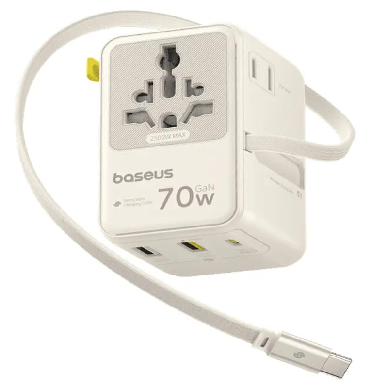 Мережевий універсальний перехідник Baseus CG11 70W with retractable cable (2USB-A/3C/1Socket) (E0307E), купити оптом з доставкою