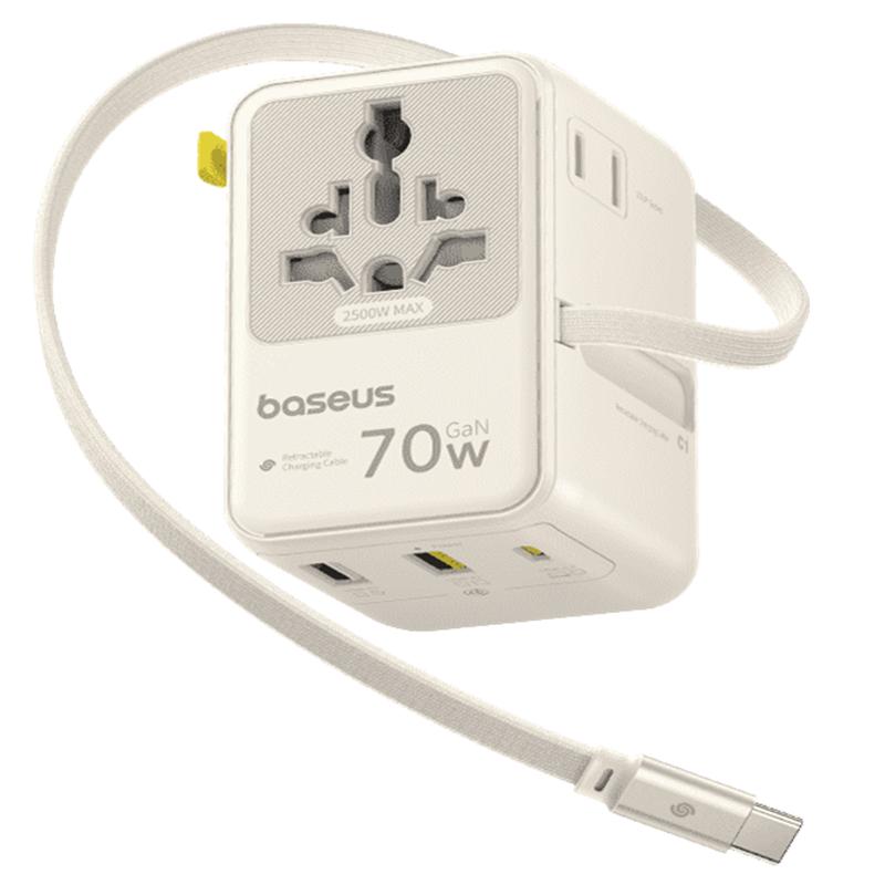 Сетевой универсальный переходник Baseus CG11 70W with retractable cable (2USB-A/3C/1Socket) (E0307E) на картинке №1