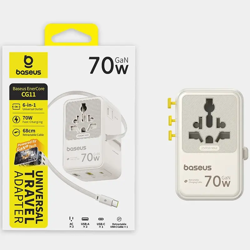 Мережевий універсальний перехідник Baseus CG11 70W with retractable cable (2USB-A/3C/1Socket) (E0307E), Off-White 1, купити оптом з доставкою