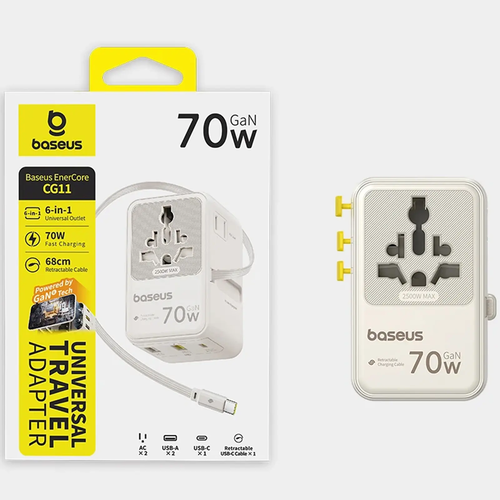 Мережевий універсальний перехідник Baseus CG11 70W with retractable cable (2USB-A/3C/1Socket) (E0307E), Off-White 1, купити оптом з доставкою