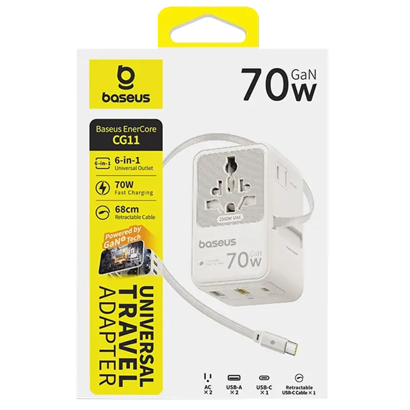 Мережевий універсальний перехідник Baseus CG11 70W with retractable cable (2USB-A/3C/1Socket) (E0307E), Off-White 2, купити оптом з доставкою