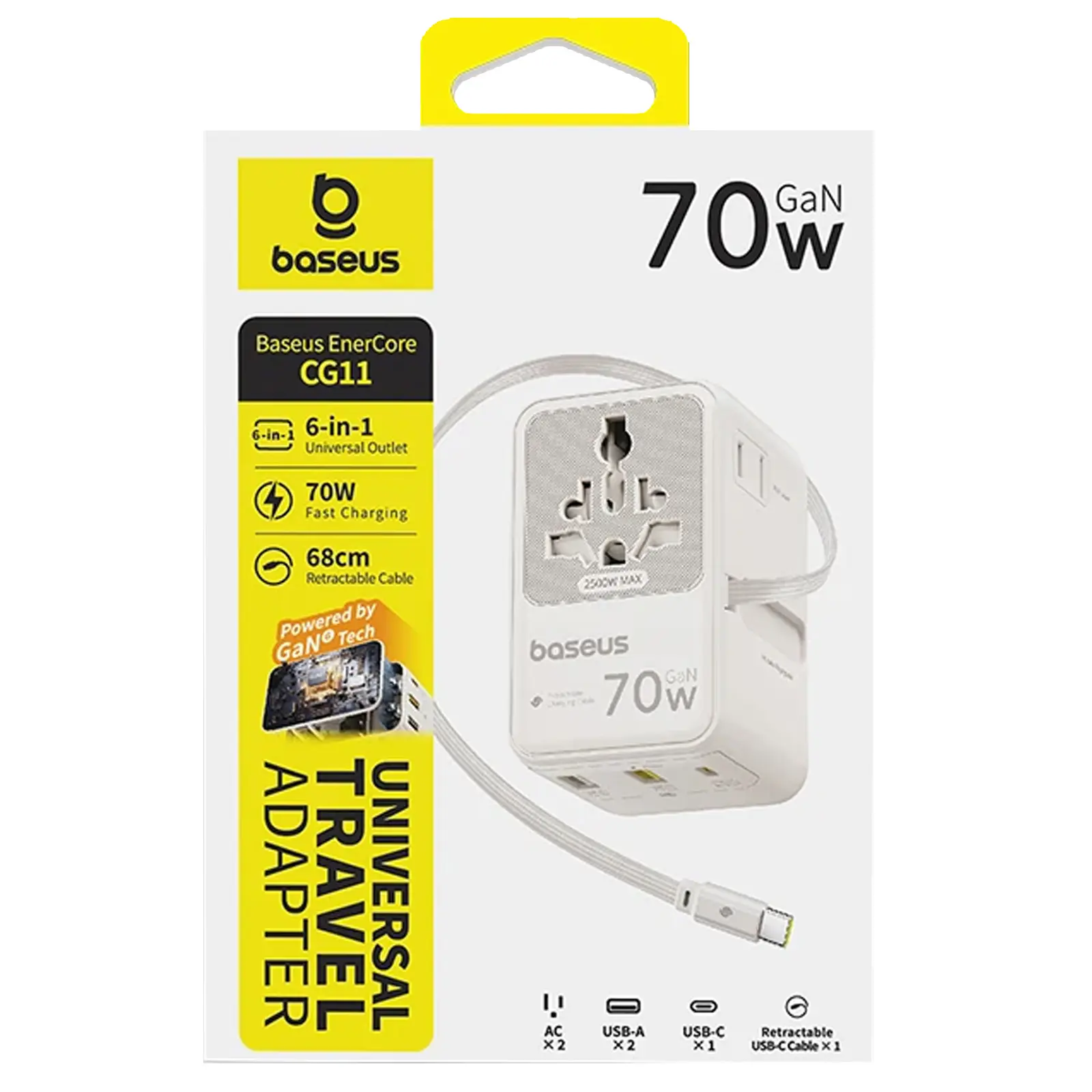 Мережевий універсальний перехідник Baseus CG11 70W with retractable cable (2USB-A/3C/1Socket) (E0307E), Off-White 2, купити оптом з доставкою