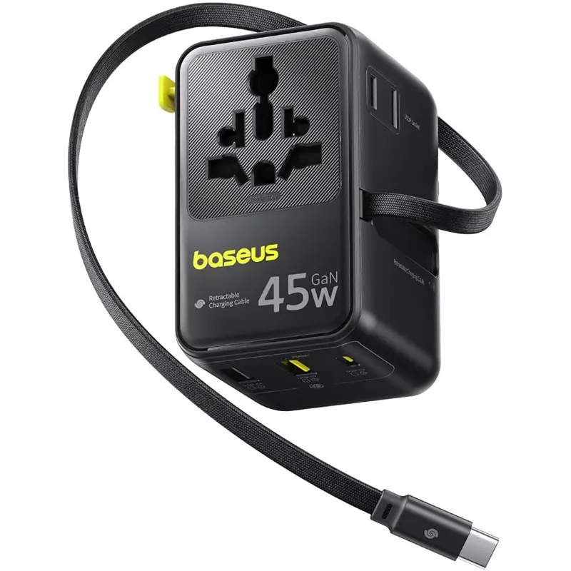 Мережевий універсальний перехідник Baseus AG11 45W with retractable cable (2USB-A/1C/1Socket) (E0307F), купити оптом з доставкою