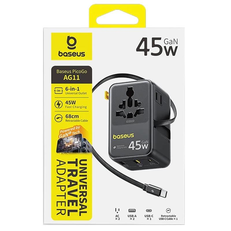 Сетевой универсальный переходник Baseus AG11 45W with retractable cable (2USB-A/3C/1Socket) (E0307F) на картинке №2