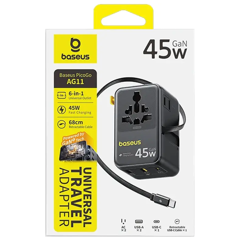 Мережевий універсальний перехідник Baseus AG11 45W with retractable cable (2USB-A/1C/1Socket) (E0307F), Cosmic Black 1, купити оптом з доставкою