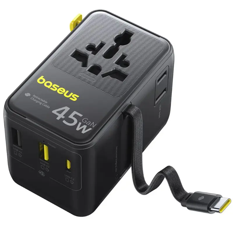 Мережевий універсальний перехідник Baseus AG11 45W with retractable cable (2USB-A/1C/1Socket) (E0307F), Cosmic Black 2, купити оптом з доставкою