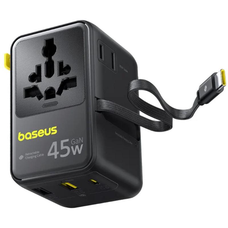 Сетевой универсальный переходник Baseus AG11 45W with retractable cable (2USB-A/3C/1Socket) (E0307F) на картинке №4