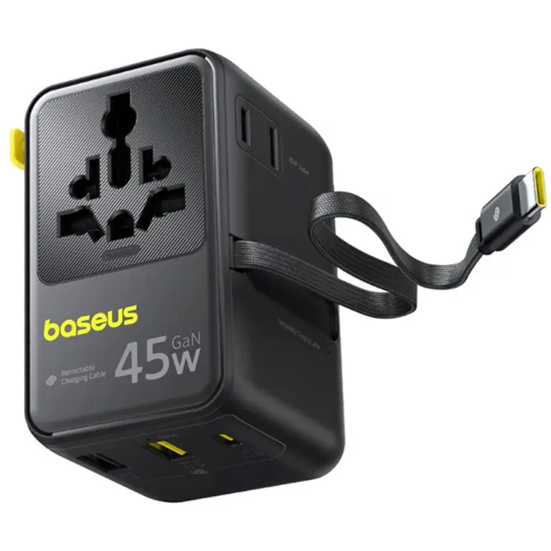 Мережевий універсальний перехідник Baseus AG11 45W with retractable cable (2USB-A/1C/1Socket) (E0307F), Cosmic Black 3, купити оптом з доставкою