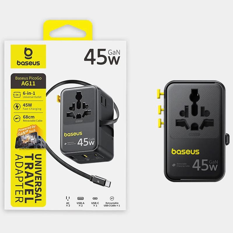 Сетевой универсальный переходник Baseus AG11 45W with retractable cable (2USB-A/3C/1Socket) (E0307F) на картинке №5