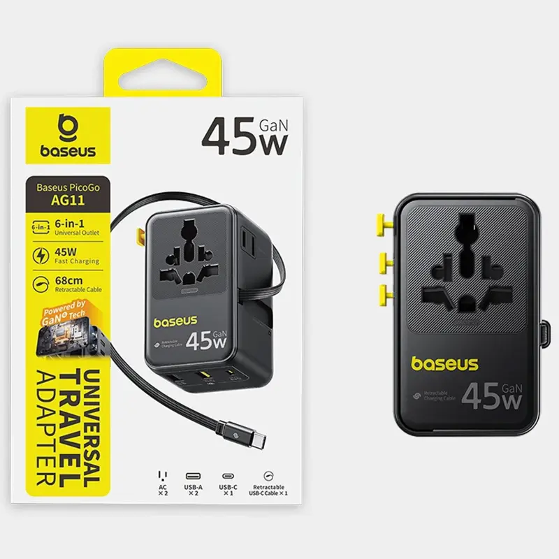 Мережевий універсальний перехідник Baseus AG11 45W with retractable cable (2USB-A/1C/1Socket) (E0307F), Cosmic Black 4, купити оптом з доставкою