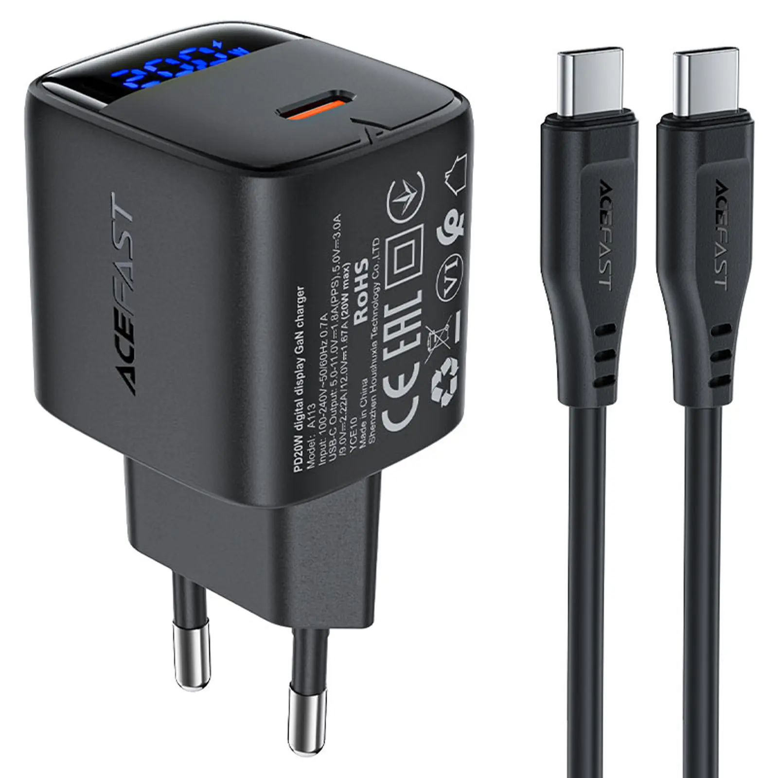 СЗУ Acefast A113 PD20W GaN (1USB-C) + кабель Type-C to Type-C, Black, купить оптом с доставкой