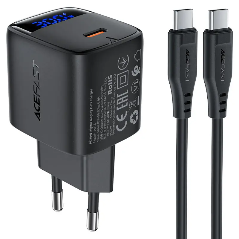 СЗУ Acefast A115 PD30W GaN (1USB-C) + кабель Type-C to Type-C, купить оптом с доставкой