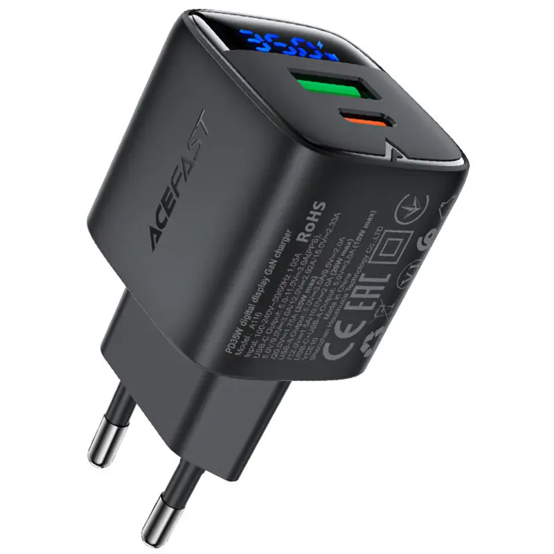 СЗУ Acefast A116 PD35W+QC3.0 GaN (1USB-A/1C), Black, купить оптом с доставкой