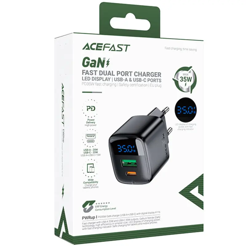 СЗУ Acefast A116 PD35W+QC3.0 GaN (1USB-A/1C), Black 1, купить оптом с доставкой