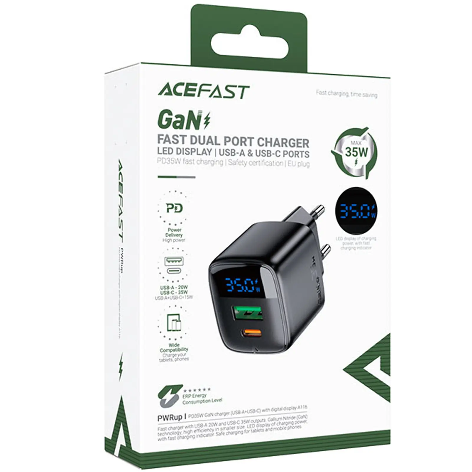 СЗУ Acefast A116 PD35W+QC3.0 GaN (1USB-A/1C), Black 1, купить оптом с доставкой