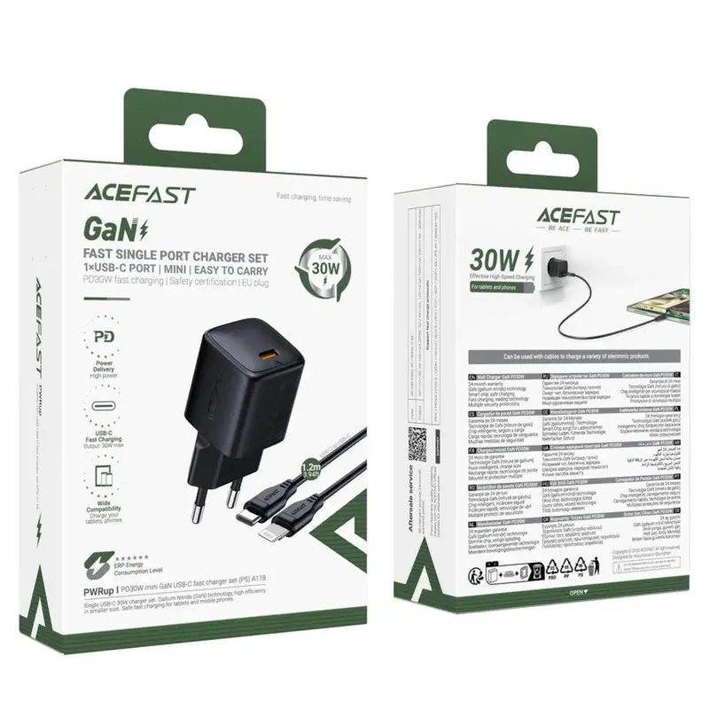 МЗП Acefast A118 PD30W GaN (1USB-C) + кабель Type-C to Lightning, Black 2, купити оптом з доставкою
