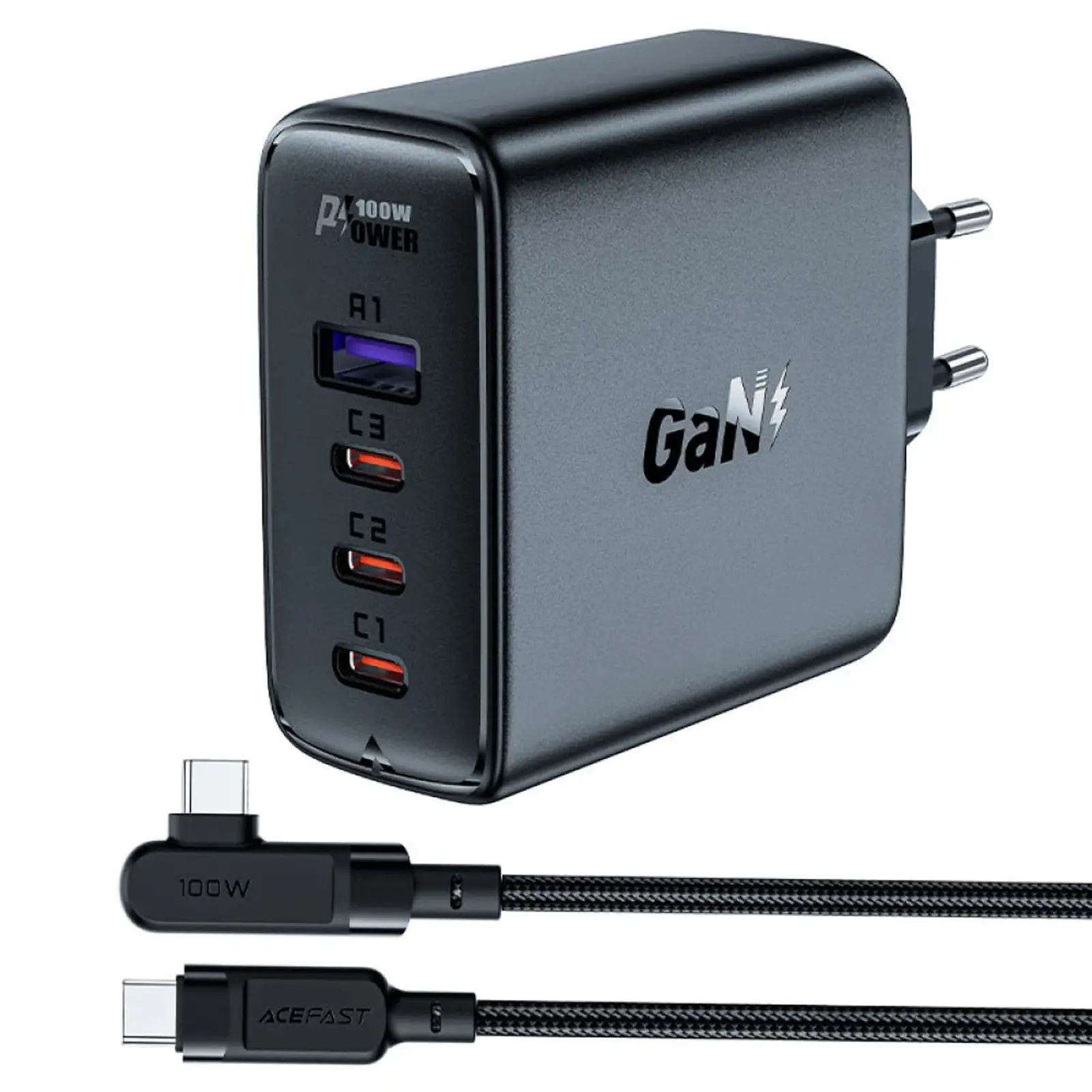 МЗП Acefast A37 PD100W+QC3.0 GaN (1USB-A/3C) + кабель Type-C to Type-C 2m, Black, купити оптом з доставкою