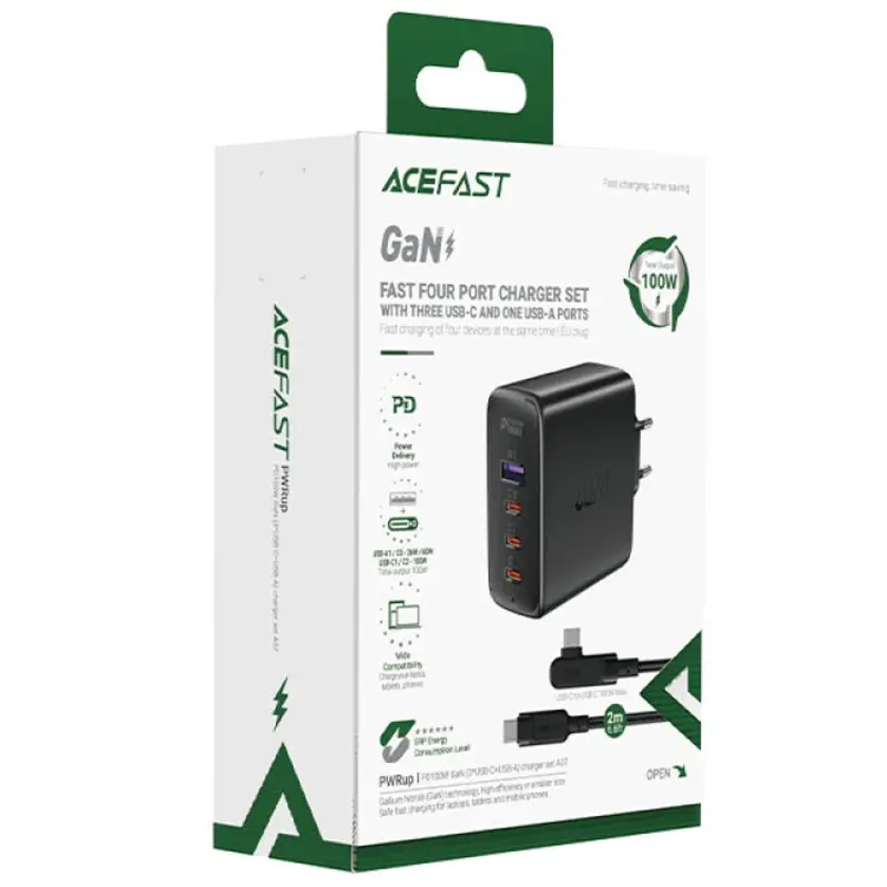 МЗП Acefast A37 PD100W+QC3.0 GaN (1USB-A/3C) + кабель Type-C to Type-C 2m, Black 3, купити оптом з доставкою