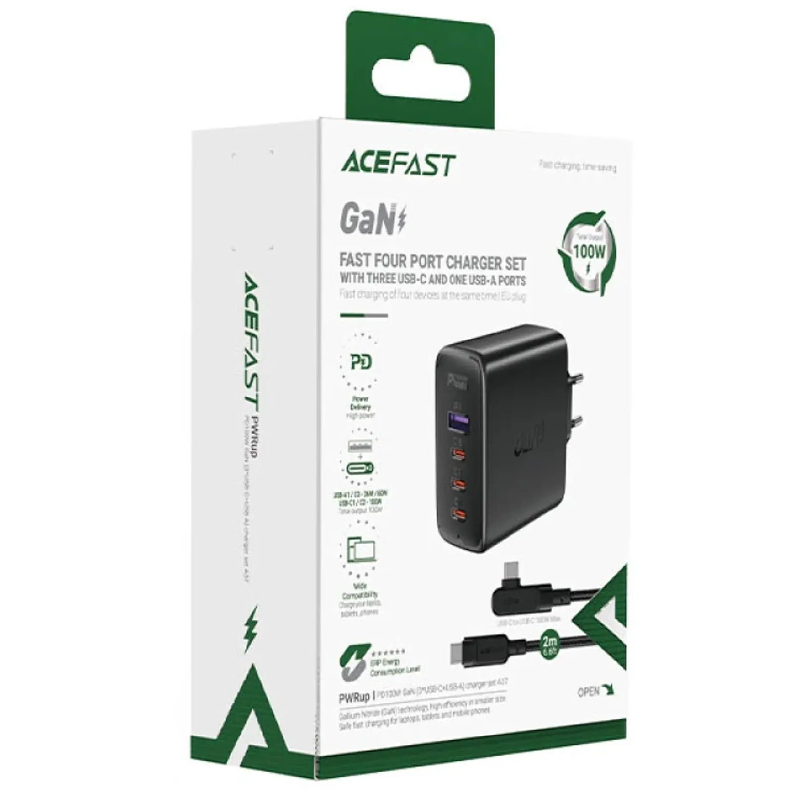 МЗП Acefast A37 PD100W+QC3.0 GaN (1USB-A/3C) + кабель Type-C to Type-C 2m, Black 3, купити оптом з доставкою