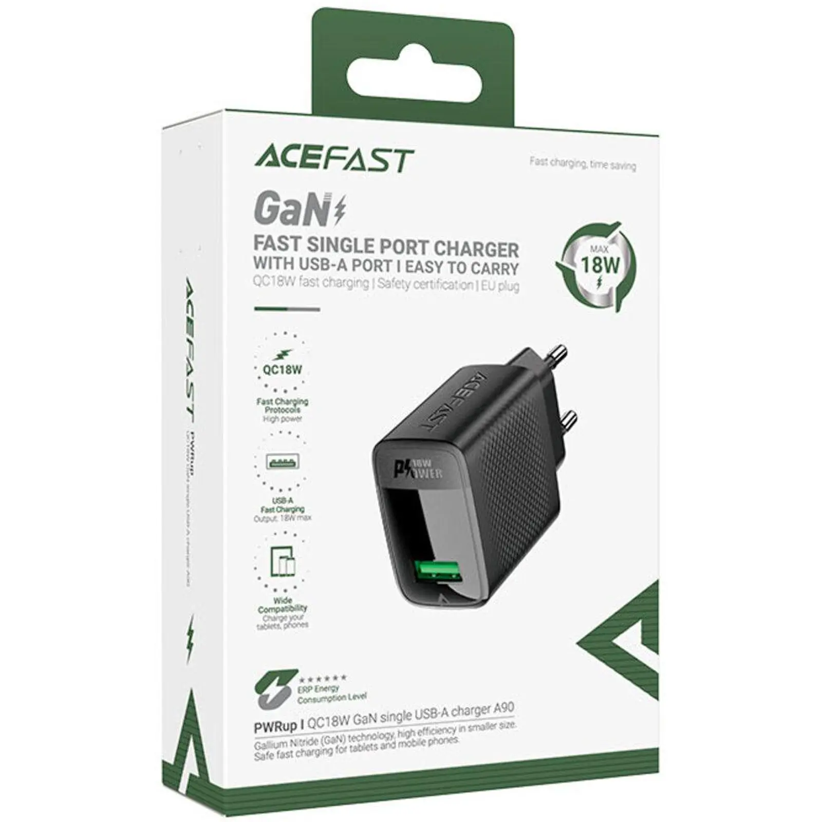МЗП Acefast A90 QC3.0 18W (1USB-A), Black 3, купити оптом з доставкою