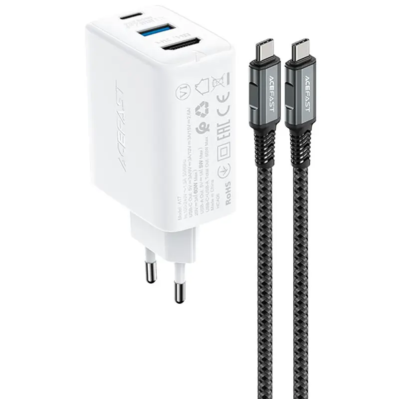 МЗП Acefast A17 PD65W GaN (1USB-A/1C/1HDMI) + кабель Type-C to Type-C, White, купити оптом з доставкою