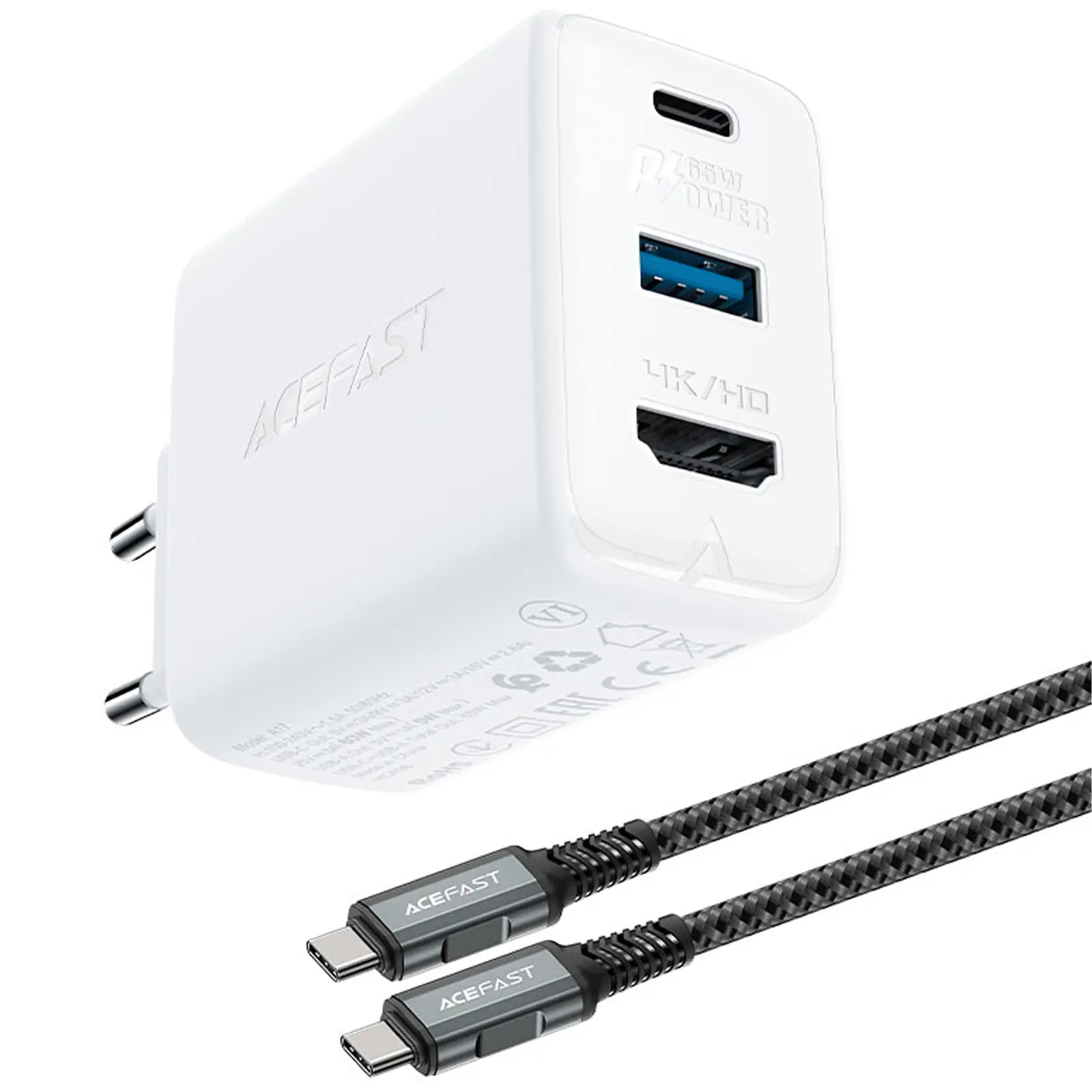 МЗП Acefast A17 PD65W GaN (1USB-A/1C/1HDMI) + кабель Type-C to Type-C, White 1, купити оптом з доставкою