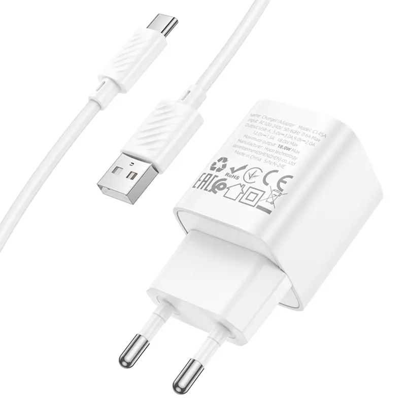СЗУ Hoco C145A Charm QC3.0 18W (1USB-A) + кабель USB to Type-C, White 6, купить оптом с доставкой