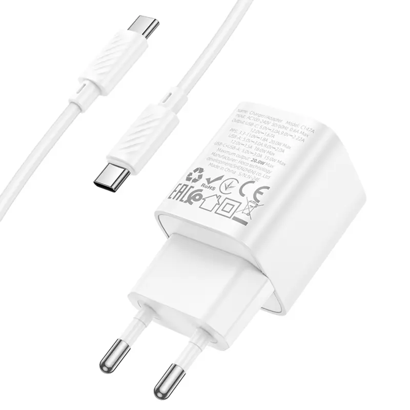 СЗУ Hoco C147A PD20W+QC3.0 (1USB-A/1C) + кабель Type-C to Type-C, White 6, купить оптом с доставкой