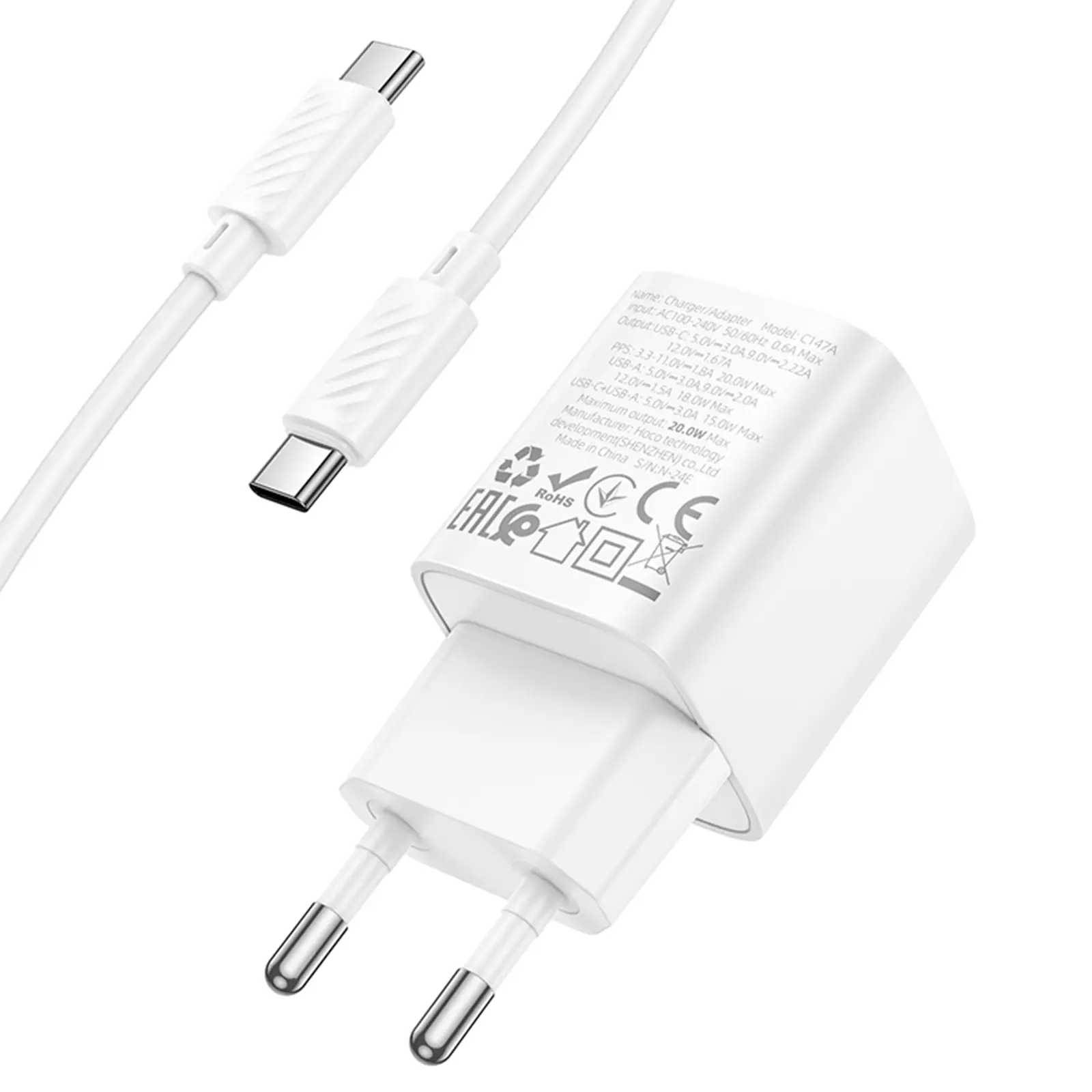 СЗУ Hoco C147A PD20W+QC3.0 (1USB-A/1C) + кабель Type-C to Type-C, White 6, купить оптом с доставкой