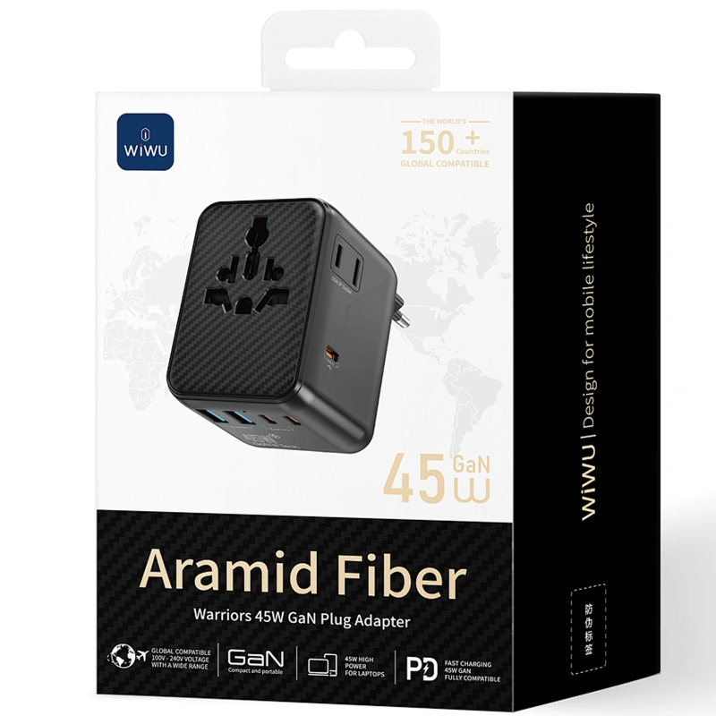 Мережевий універсальний перехідник WIWU UA010 Warrior GaN 45W + 2USB-A/3C на малюнкі №3