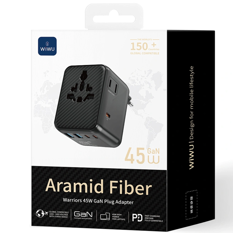 Сетевой универсальный переходник WIWU UA010 Warrior GaN 45W + 2USB-A/3C, Black 2, купить оптом с доставкой