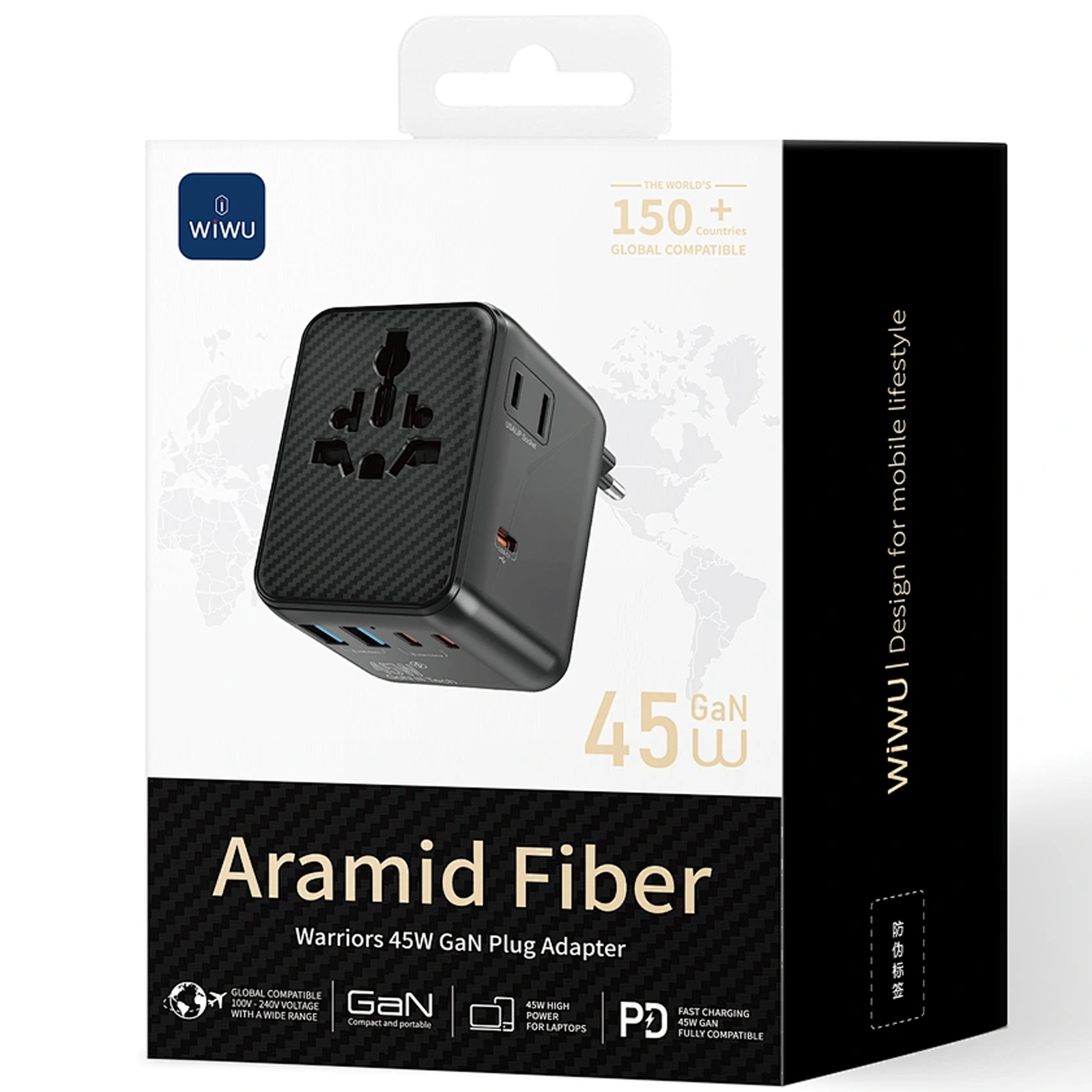 Сетевой универсальный переходник WIWU UA010 Warrior GaN 45W + 2USB-A/3C, Black 2, купить оптом с доставкой