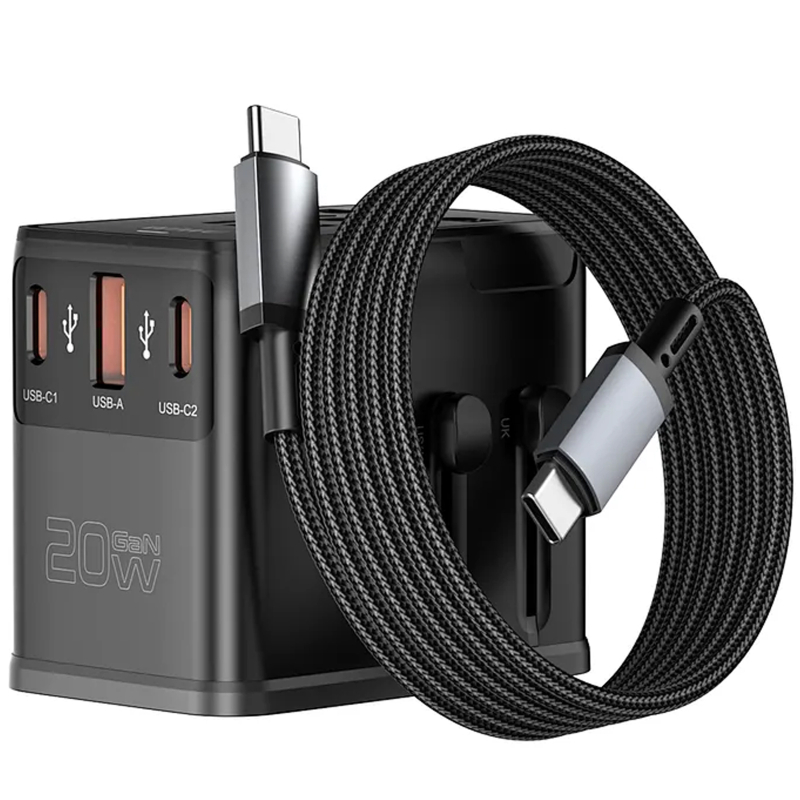 Мережевий універсальний перехідник WIWU UA013 20W GaN + 1USB-A/2C with retractable cable Type-C на малюнкі №1
