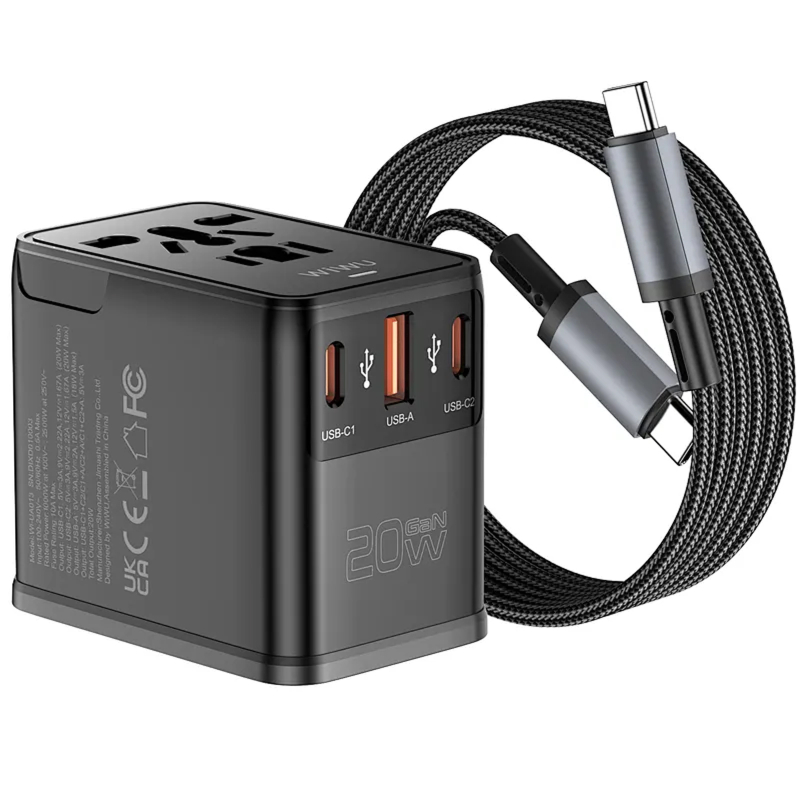 Мережевий універсальний перехідник WIWU UA013 20W GaN + 1USB-A/2C with retractable cable Type-C на малюнкі №3