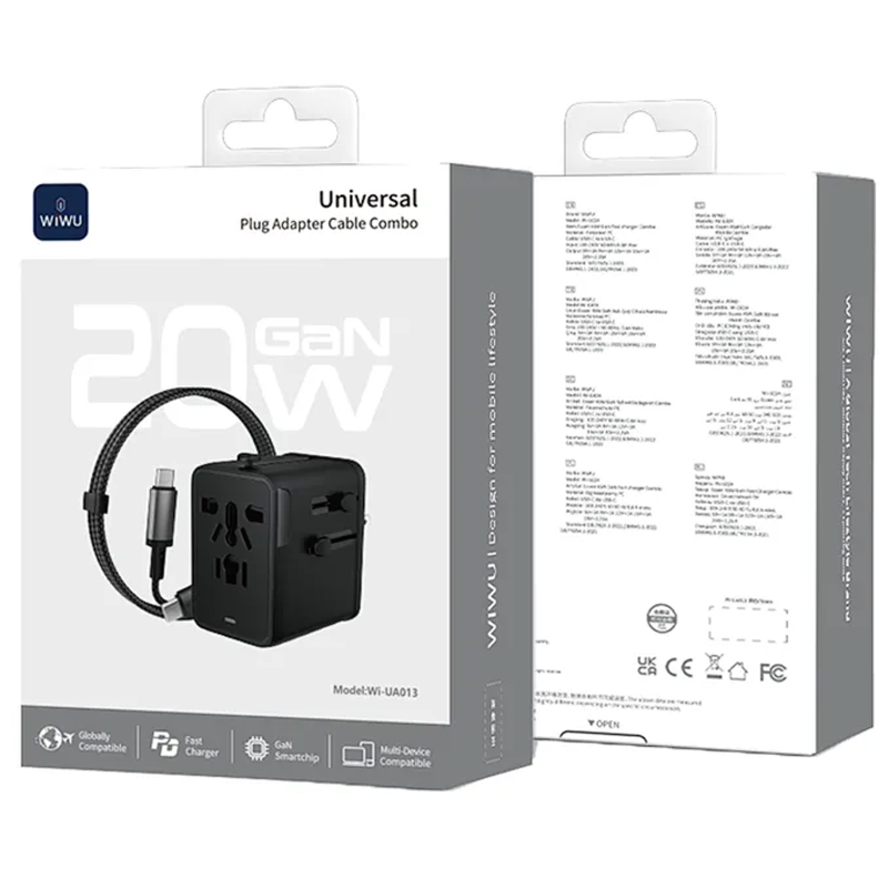 Мережевий універсальний перехідник WIWU UA013 20W GaN + 1USB-A/2C with retractable cable Type-C на малюнкі №5