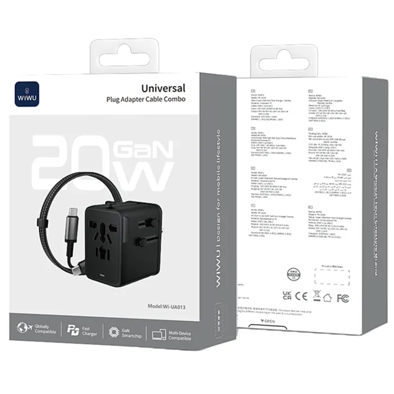 Сетевой универсальный переходник WIWU UA013 20W GaN + 1USB-A/2C with retractable cable Type-C, Black 4, купить оптом с доставкой