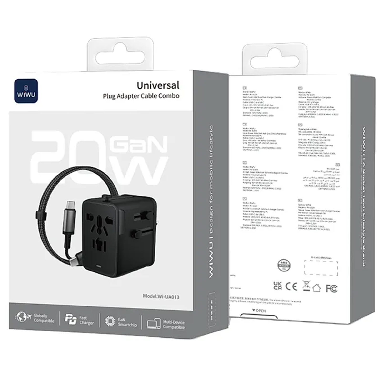 Сетевой универсальный переходник WIWU UA013 20W GaN + 1USB-A/2C with retractable cable Type-C, Black 4, купить оптом с доставкой