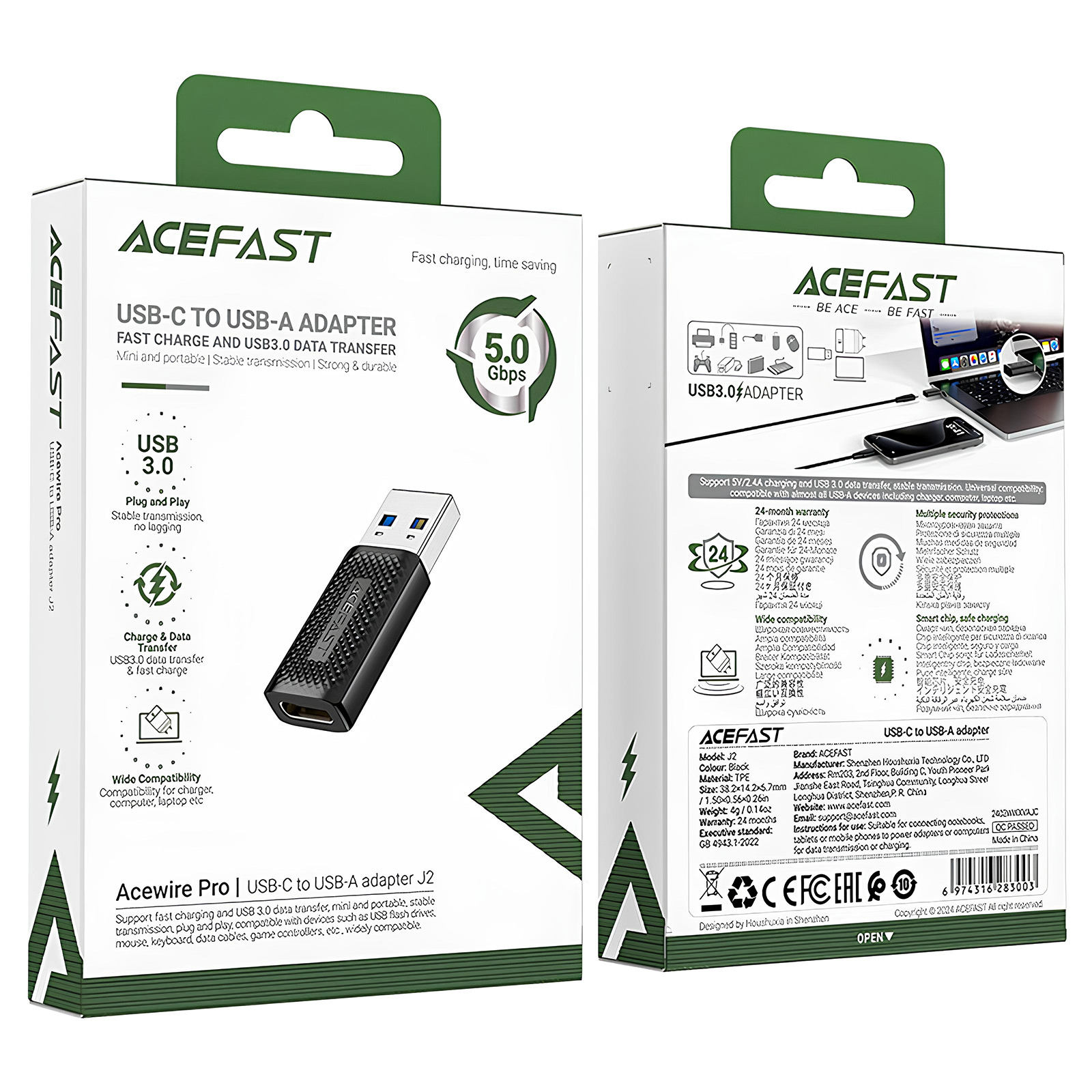 Переходник Acefast J2 USB Male to Type-C Female USB3.0, Black 4, купить оптом с доставкой