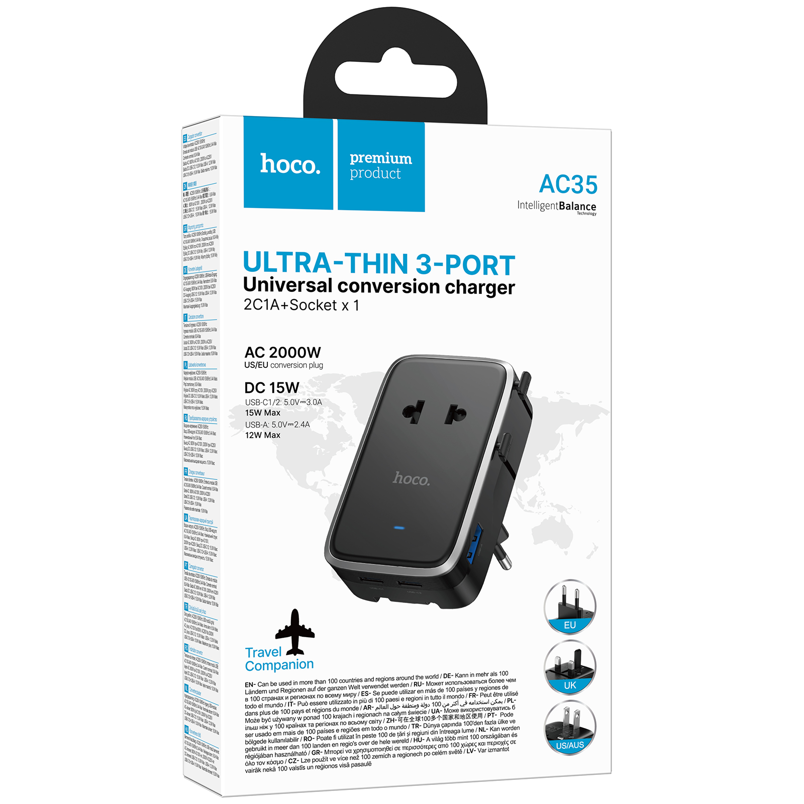Мережевий універсальний перехідник Hoco AC35 Capaz 15W + 1USB-A/2C, Black 1, купити оптом з доставкою