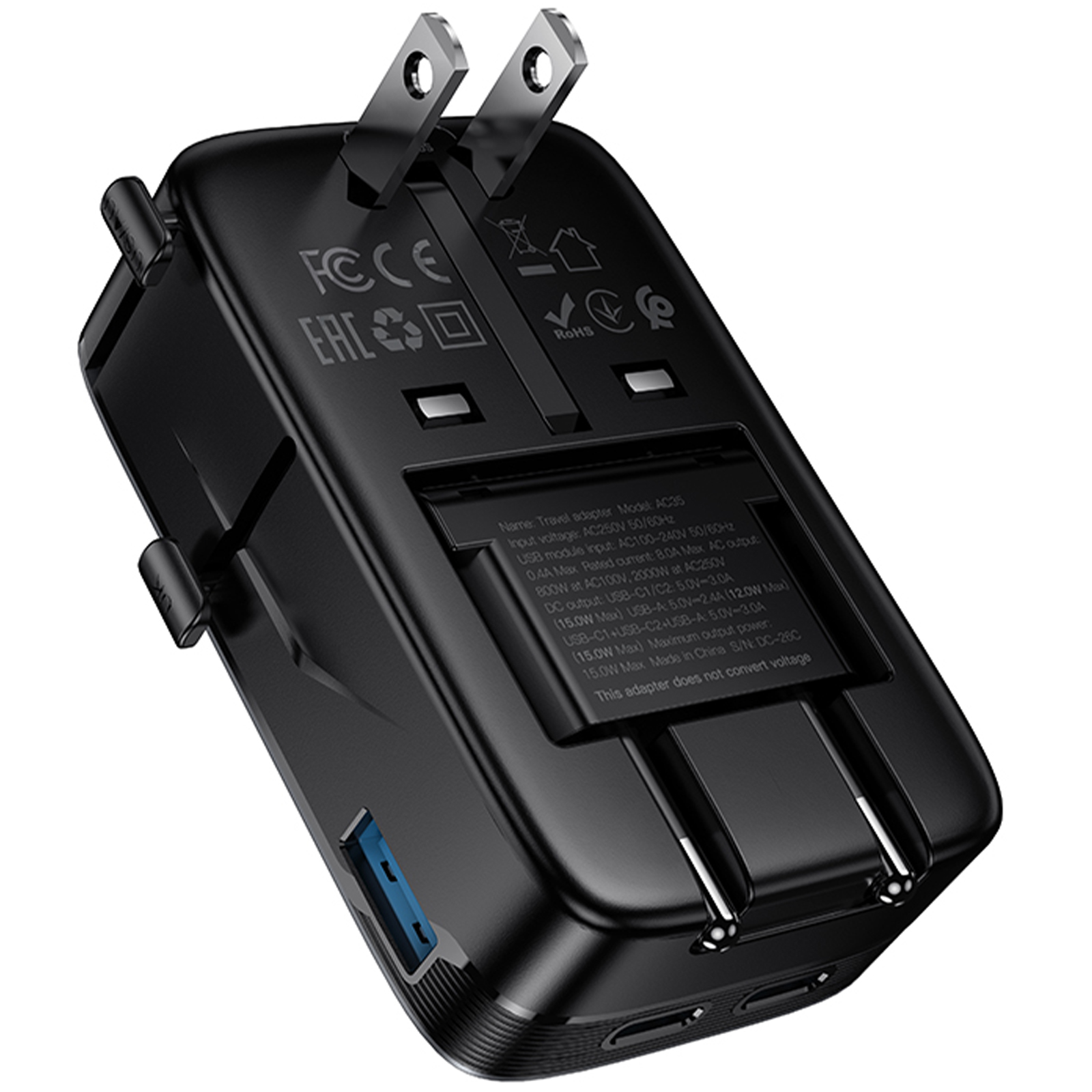 Мережевий універсальний перехідник Hoco AC35 Capaz 15W + 1USB-A/2C, Black 2, купити оптом з доставкою