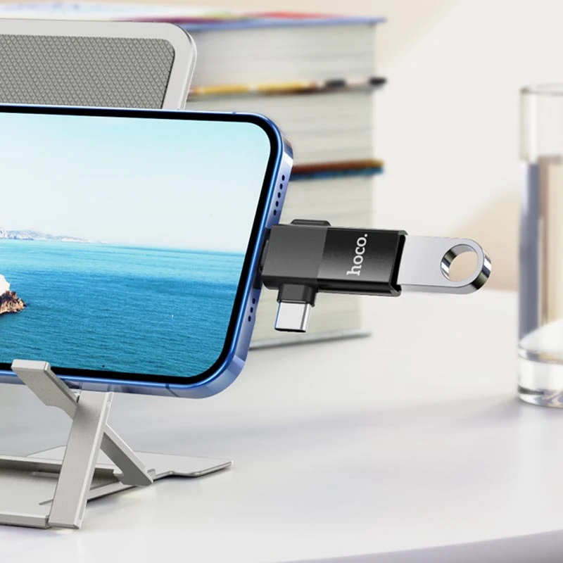 Перехідник Hoco UA17 2in1 Lightning Male/Type-C Male to USB female, Black 3, купити оптом з доставкою