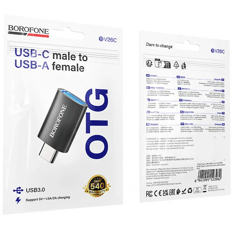 Переходник Borofone BV26C Type-C Male to USB Female USB3.0, Black 1, купить оптом с доставкой